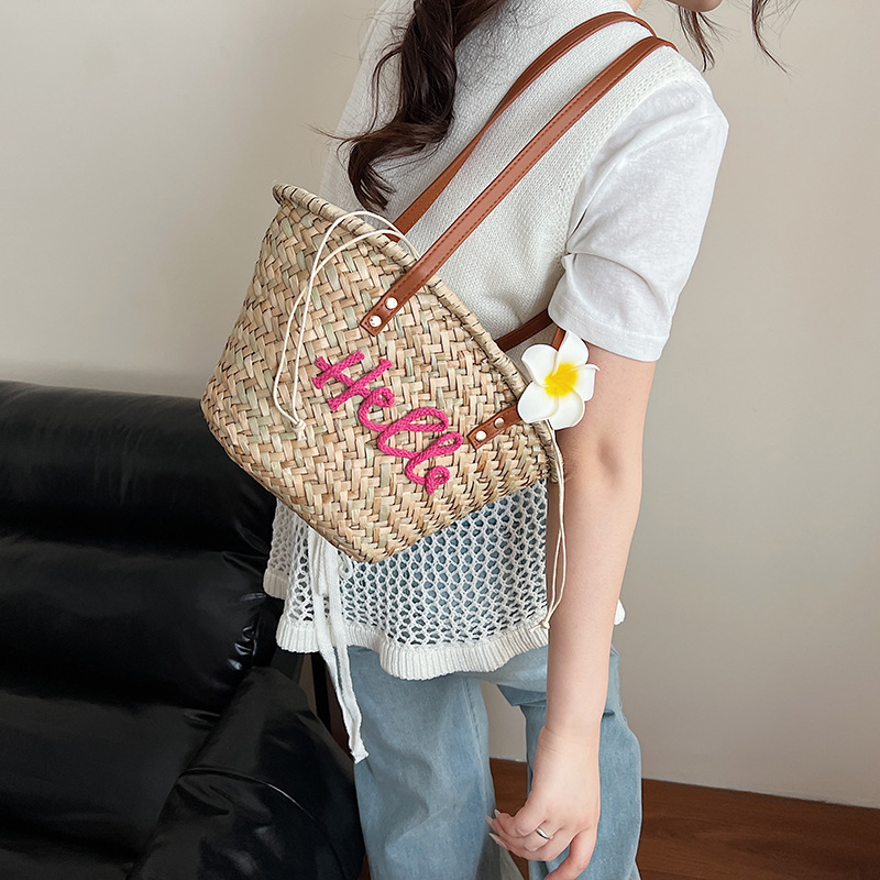 New 2025 summer style letter large-capacity woven hand-held vegetable basket, straw woven bag, women's seaside vacation, beach single-shoulder bag Specification drawing