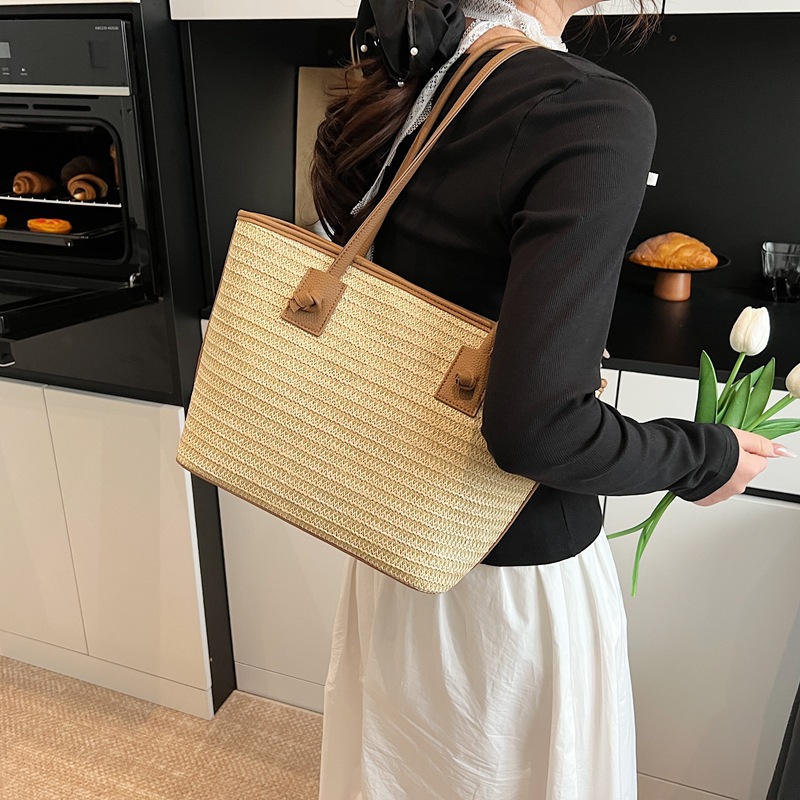 Summer stylish hand-held straw woven bag, women's large-capacity commuting woven tote bag, seaside vacation and beach single-shoulder bag Specification drawing
