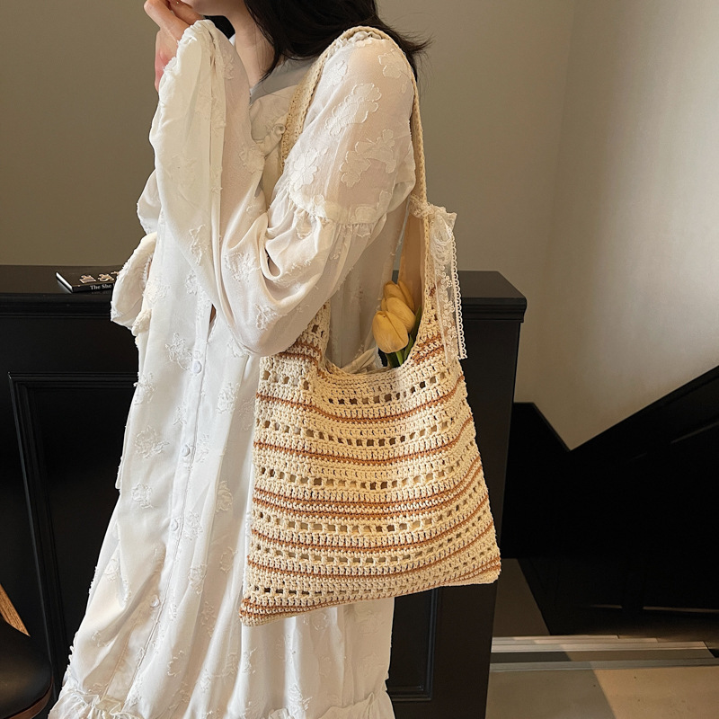 Casual large-capacity bucket bag for women 2025 summer, new knitted hollowed-out underarm bag, striped versatile commuter single-shoulder bag Specification drawing