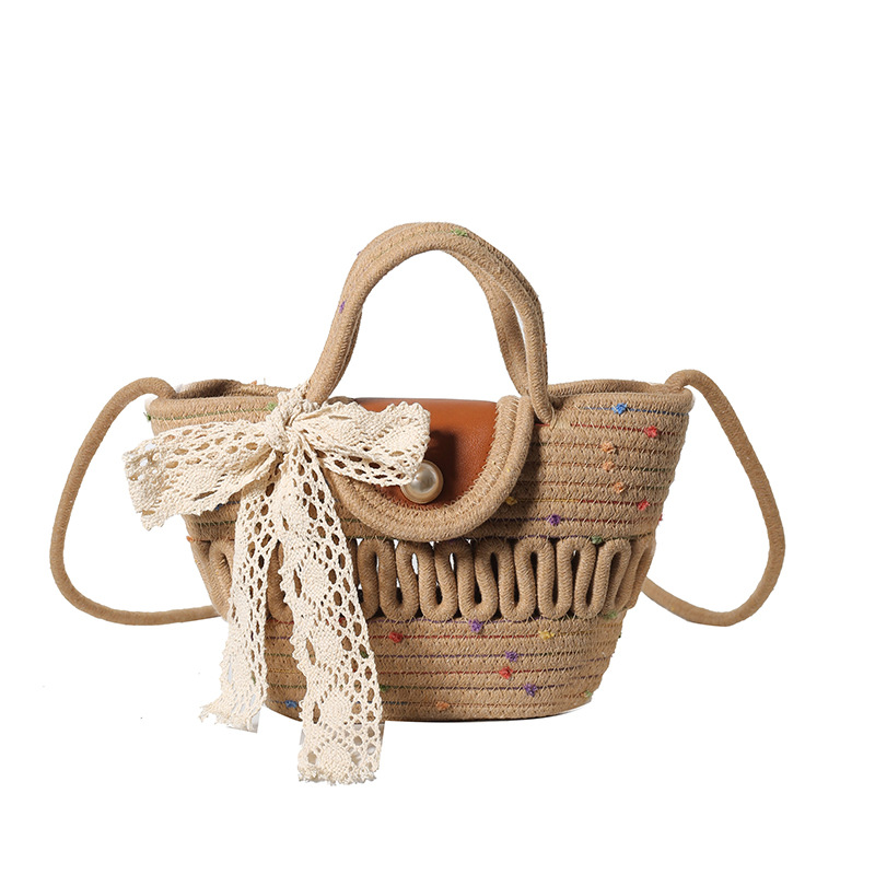 French-style bow straw woven bag for girls, sweet summer girl, casual woven bucket bag, single-shoulder tote bag Item Picture