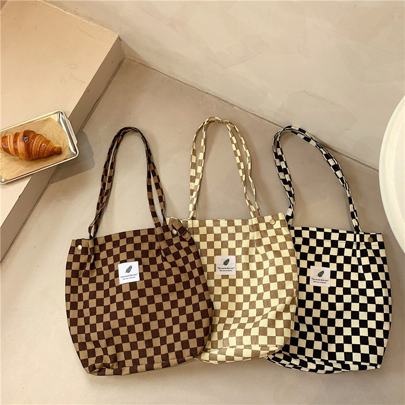 012174 Retro corduroy checkered single-shoulder tote bag, female student class canvas bag, simple hand-held cloth bag full figure