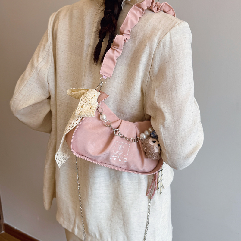 2025 New pleated bow women's single-shoulder bag, versatile and fashionable chain bag, commuting single-shoulder crossbody bag Specification drawing
