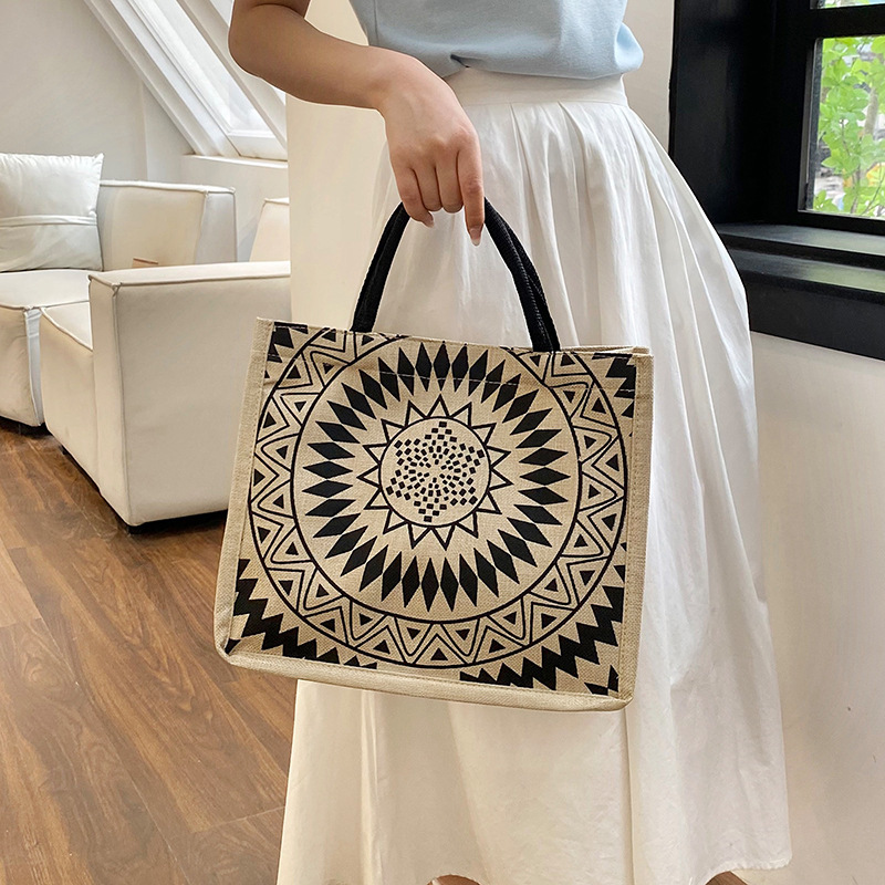 2023 new single-shoulder linen bag, geometric retro and simple shopping bag, Korean-style large-capacity hand-held tote bag details Picture