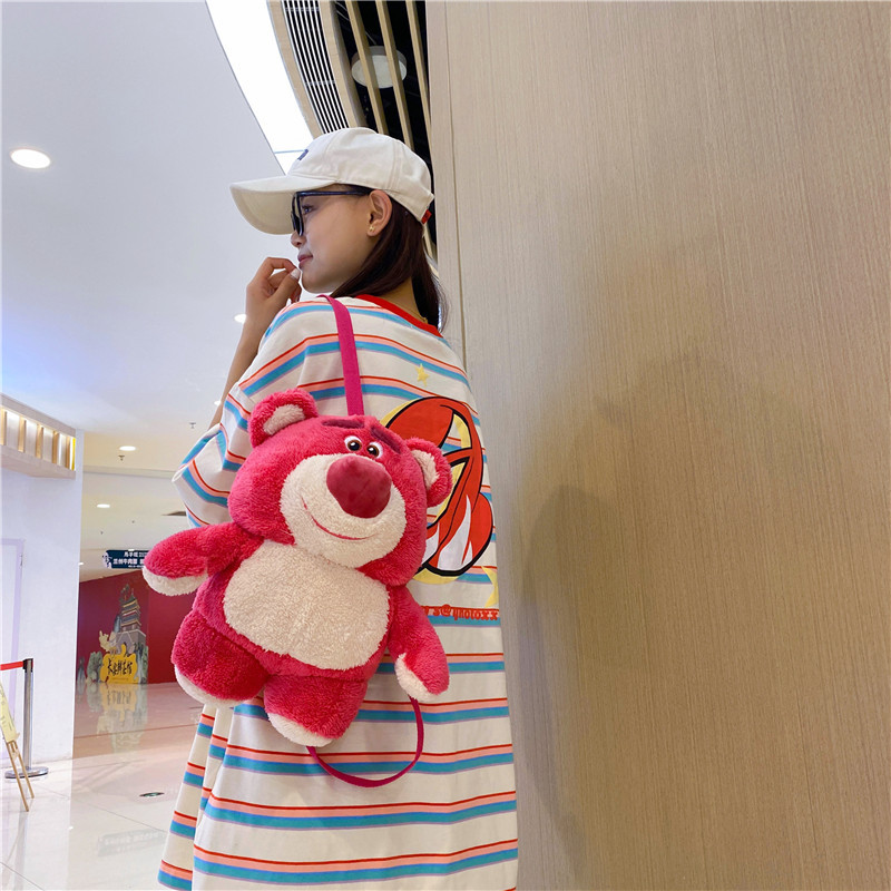 Cartoon strawberry bear 3D funny backpack, Japanese-style soft girl accessory bag, cute children's backpack, plush bag details Picture
