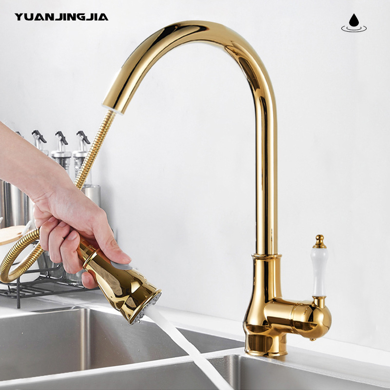 Golden French light luxury retro copper kitchen pull-out faucet, household sink, sink, rotating hot and cold water faucet Specification drawing