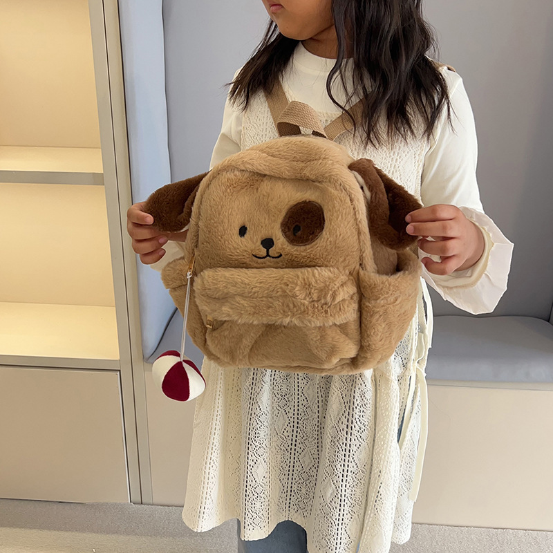 A new cartoon color-blocking plush dog backpack with large capacity, cute and soft girl plush bag, and a small backpack for children's classes details Picture