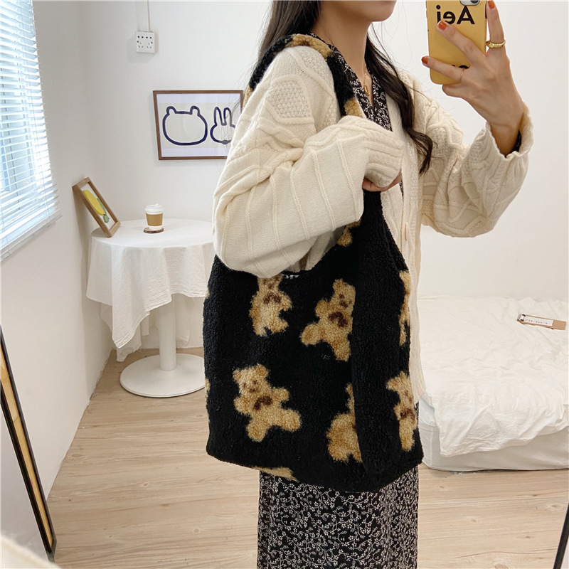 【 In Stock 】09272 Plush Bear dual-purpose single-shoulder Bag, Japanese and Korean ins large-capacity student shopping bag Specification drawing
