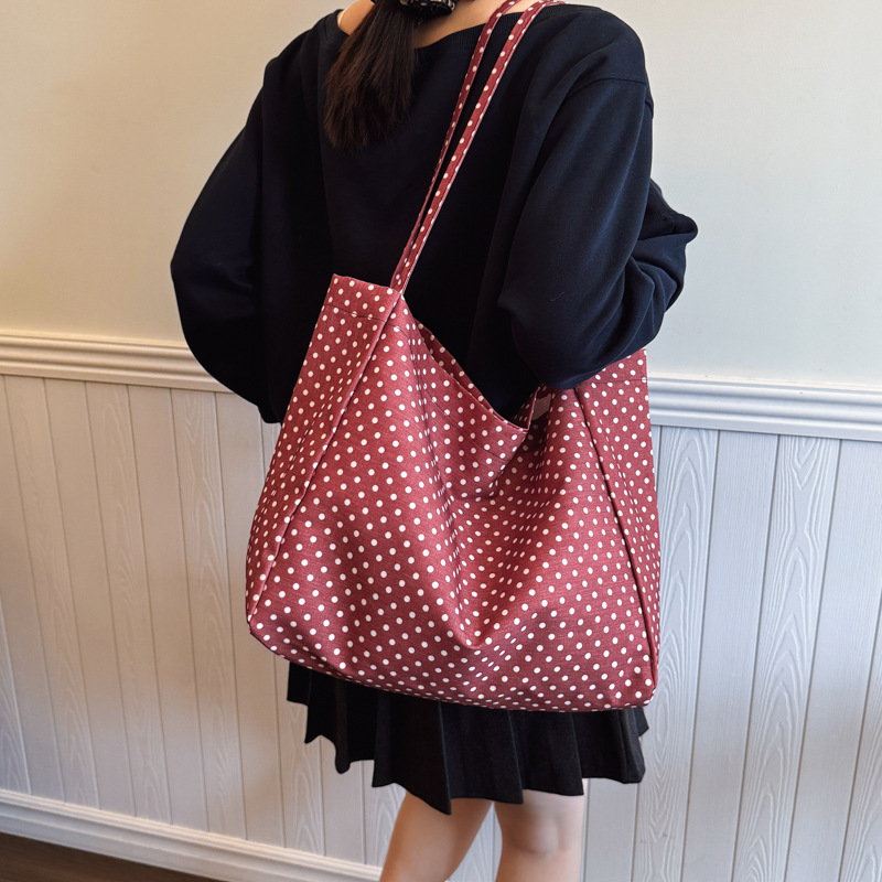 Korean-style Instagram retro polka dot canvas bag, single-shoulder tote bag, large-capacity handbag for girls and students attending classes Specification drawing
