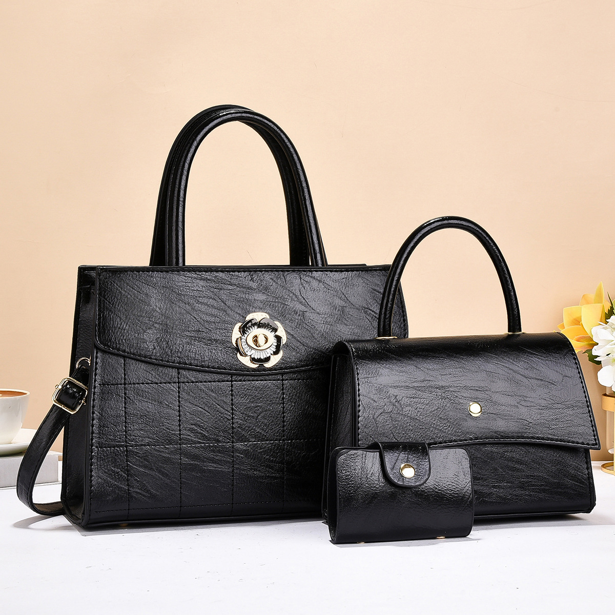 Cross-border three-piece set, European and American style handbag, high-quality bag, embroidered thread, high-end feel, ladies' bag, single-shoulder crossbody full figure