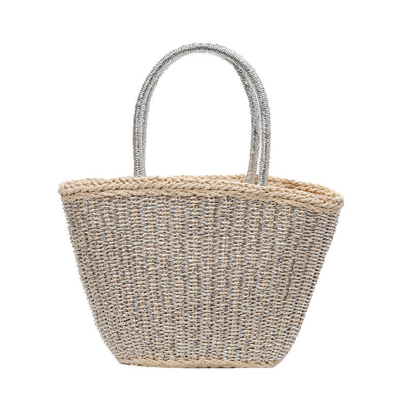 Fashionable large-capacity handbag for women, new fashionable gold and silver thread hand-carried woven bag, versatile for vacation, beach straw woven bag Item Picture