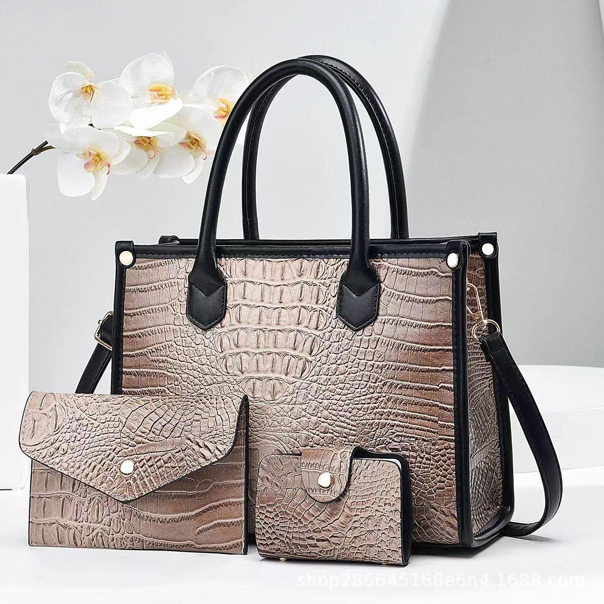 2023 New crocodile Texture cross-border women's single-shoulder crossbody handbag with large capacity and three-piece set Specification drawing