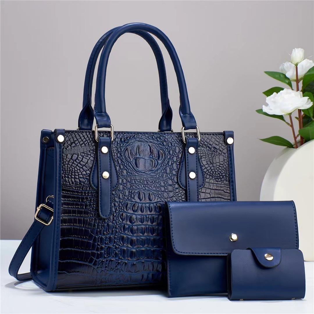 New crocodile pattern contrasting color simple texture three-piece set, large-capacity cross-border single-shoulder crossbody high-quality women's bag large bag full figure