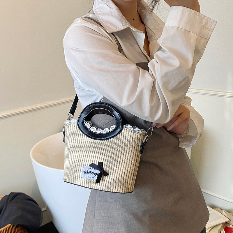 Trendy and fashionable bow lace edge hand-held bucket bag for women 2025 new style casual and stylish woven single-shoulder crossbody bag Specification drawing
