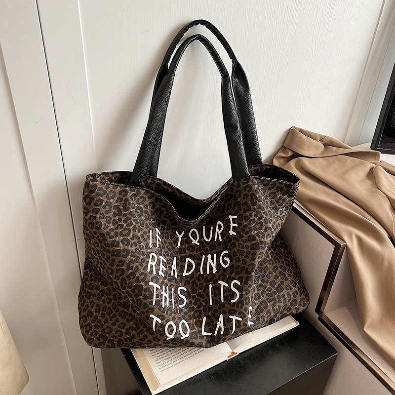 Sweet and cool leopard print large bag for women 2024 new large-capacity fashionable single-shoulder tote bag for commuting, school and shopping Specification drawing