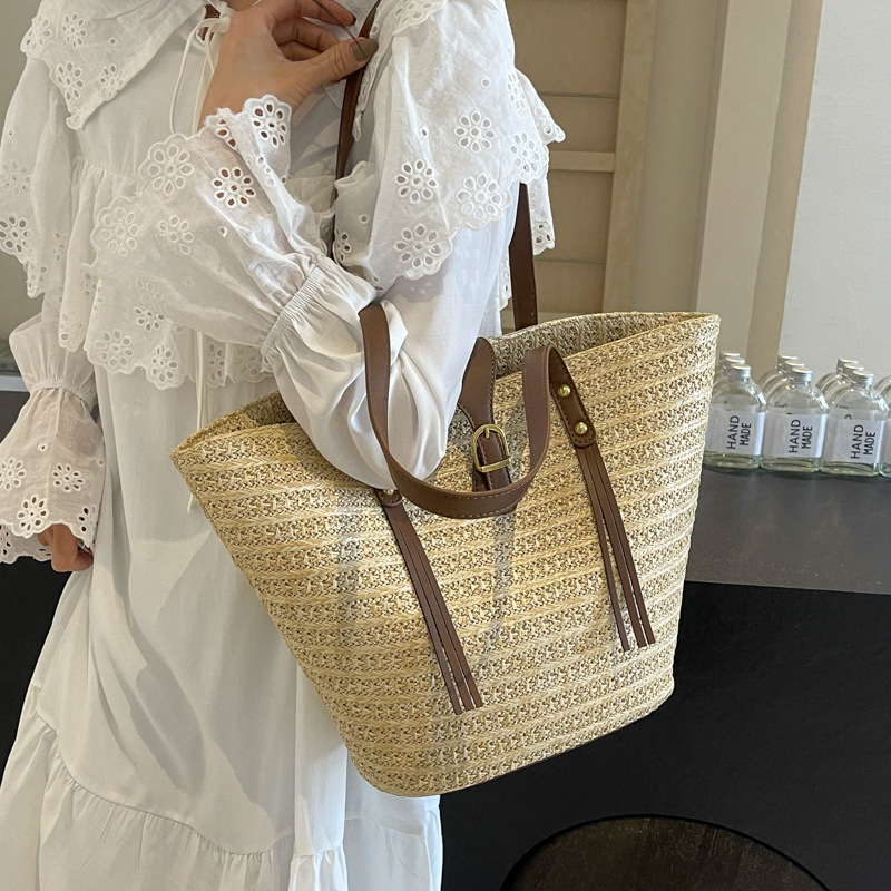 Straw woven large-capacity women's bag, summer beach women's 2025 new style bag, single-shoulder large bag, hand-held tote bag Specification drawing