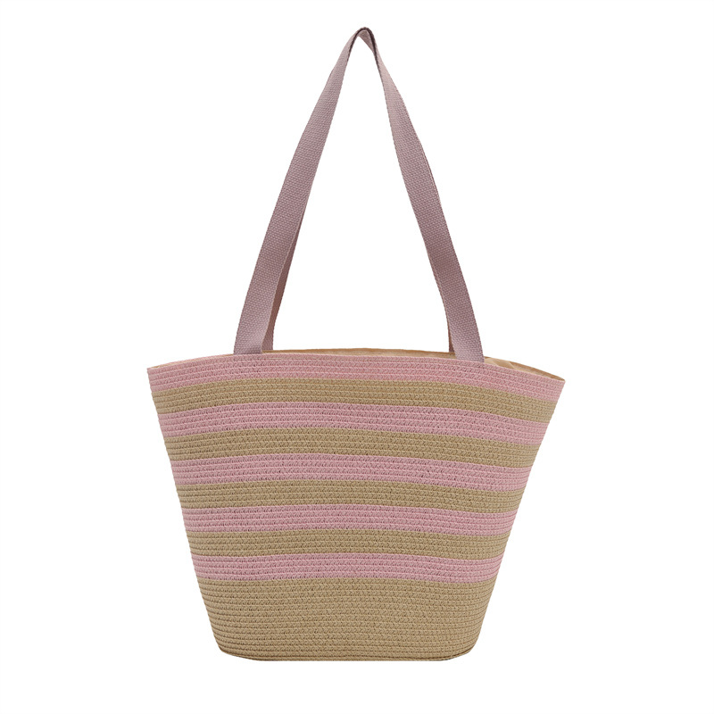 Large-capacity hand-held straw woven bag, new striped tote bag, woven bag, vacation-style beach bag, versatile women's bag Item Picture
