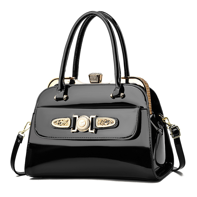 Cross-border best-selling women's handbag, Taizhou women's bag, new bright leather diamond-encrusted steel frame bag, large capacity single-shoulder bag, crossbody bag full figure