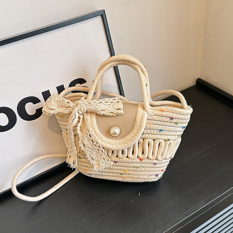 French-style bow straw woven bag for girls, sweet summer girl, casual woven bucket bag, single-shoulder tote bag full figure