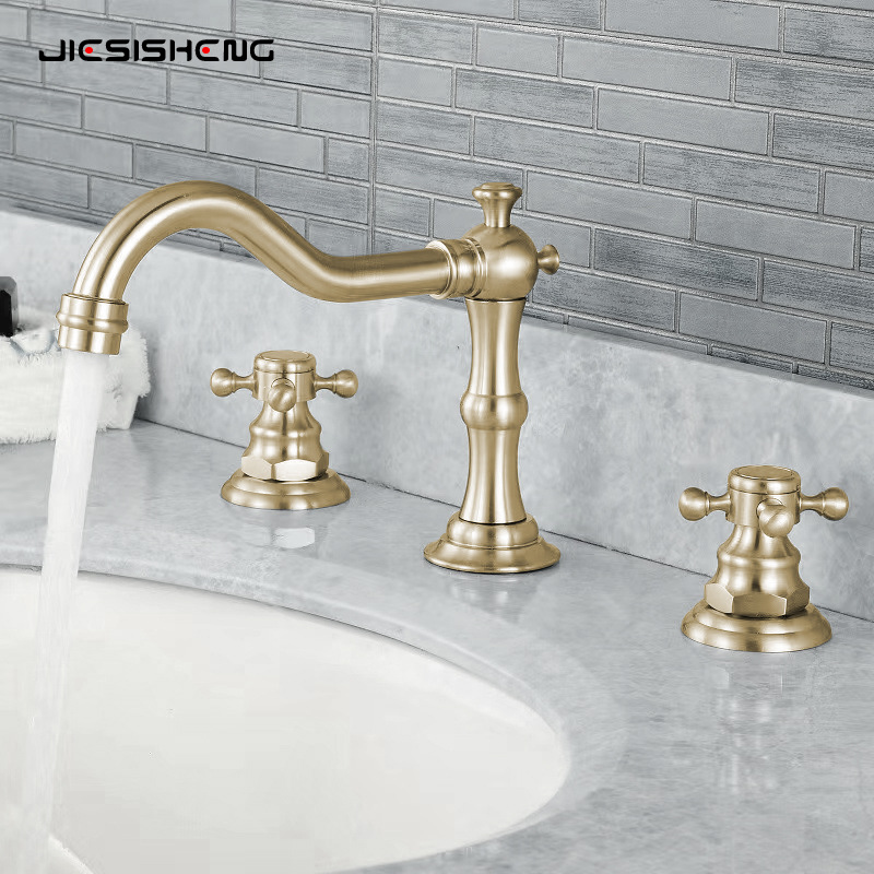 Cross-border French retro brass washbasin faucet three-piece set, double-handle split three-hole cold and hot splash-proof faucet Specification drawing