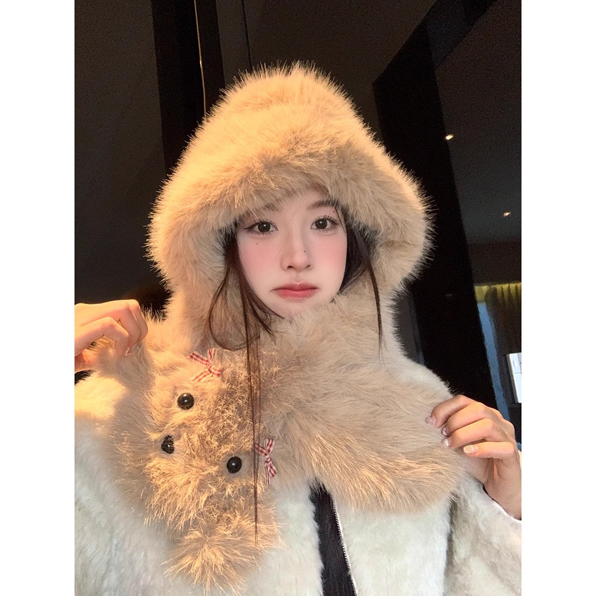 Cute bow bow puppy fur hat for women, winter hat and scarf in one, versatile, cold-proof, warm and ear-protecting Lei Feng hat Specification drawing