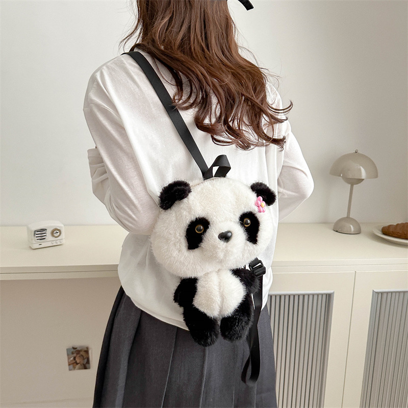 New cartoon panda bag 2024, cute single-shoulder double-back crossbody bag, mink fur backpack, claw machine doll exchange Specification drawing