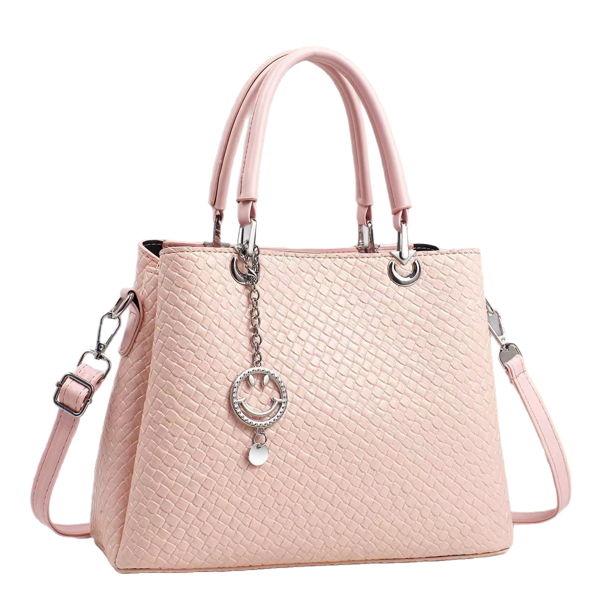 The 2025 new fashion woven fabric women's bag features exquisite hardware pendants, a stylish design and ingenious workmanship. It is a hand-held crossbody bag Item Picture