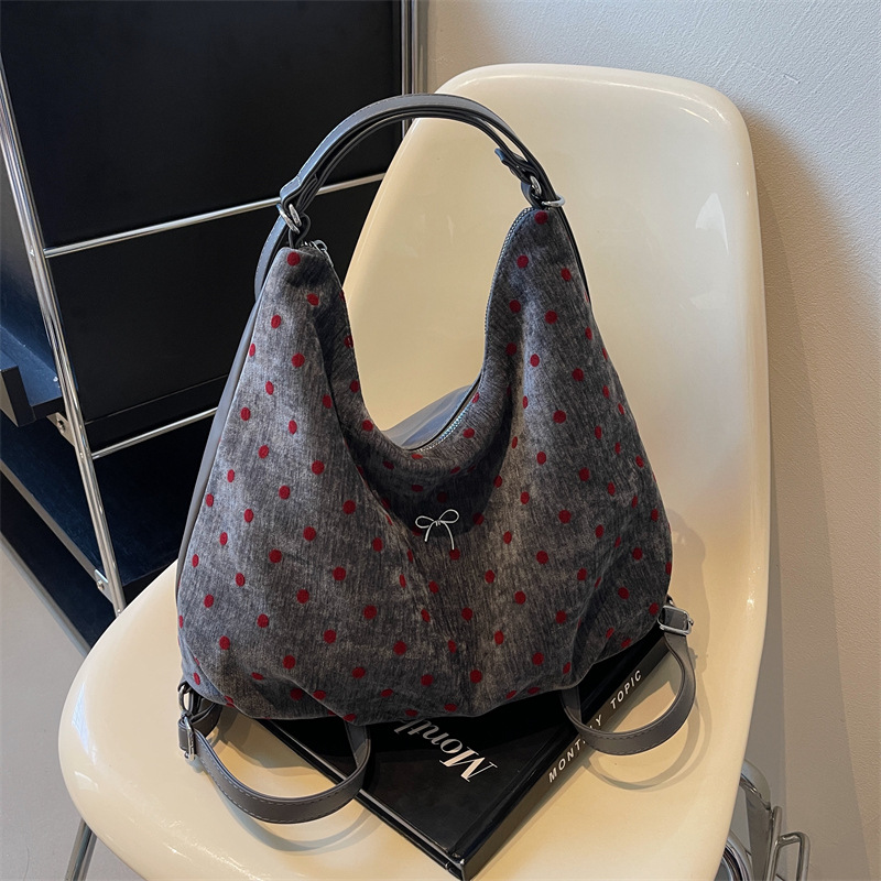 The 2024 new style of the niche artistic polka dot bow tote bag, a single-shoulder bag for class and a double-shoulder crossbody bag for commuting Specification drawing