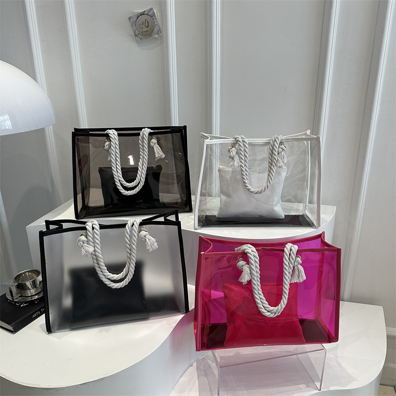 Pink pvc colorful handbag, large-capacity gift shopping bag, transparent waterproof cosmetics, and linen rope hand-held bag Application Scenario