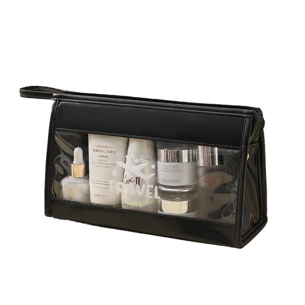PU waterproof cosmetic bag, large-capacity double-layer toiletry bag, travel portable storage bag, macaron-colored transparent storage bag Item Picture