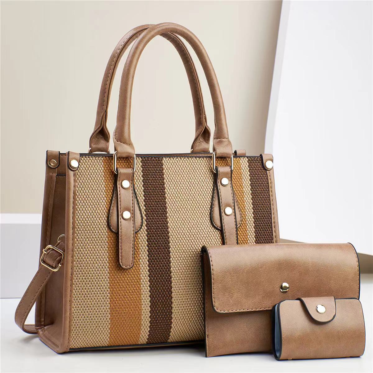 New fabric three-piece set, patchwork mother-and-child bag, simple solid color, large capacity, single-shoulder hand-carry, high-quality and fashionable women's bag Specification drawing
