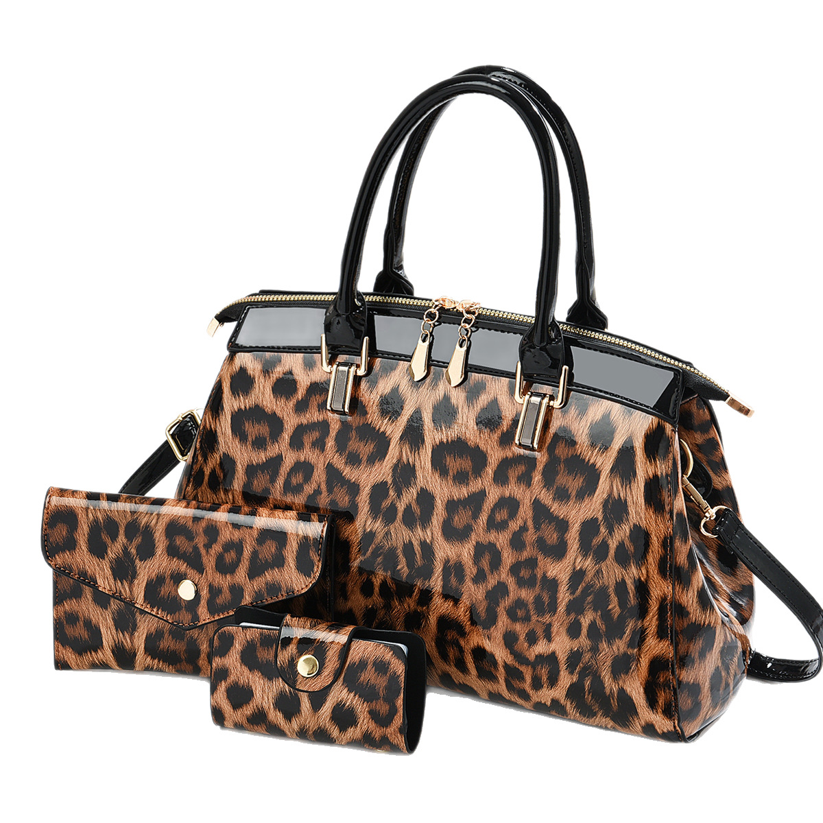 Cross-border temu's best-selling new retro patent leather tote bag, large-capacity, personalized leopard print fashionable single-shoulder crossbody bag Item Picture