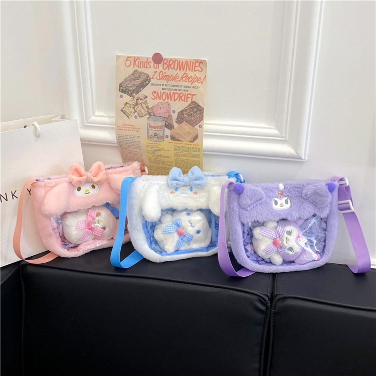 New cute transparent PVC Sanrio Kuromi Melody Cinnamon Dog plush toy crossbody bag full figure