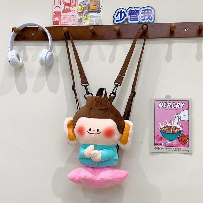 Buddha Little Companion Lotus Little Buddha Cute and Healing doll backpack, well-folded Buddha Worship Backpack, cute plush small backpack Specification drawing