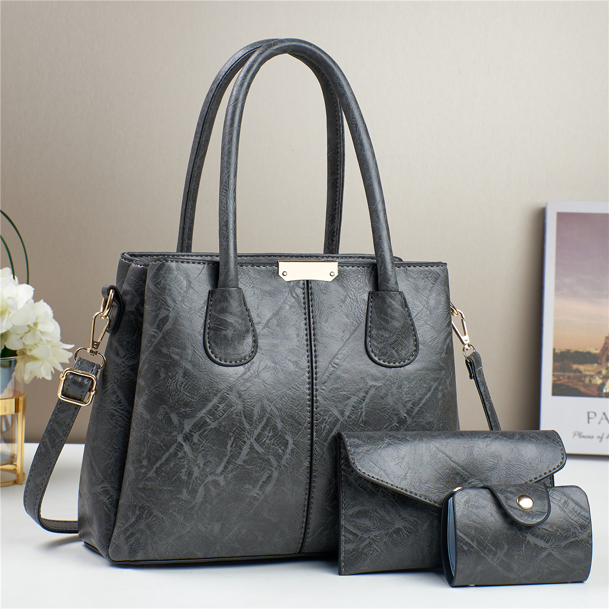 New retro pattern cross-border color-blocking print three-piece women's bag set, large capacity, stylish texture, single-shoulder crossbody Item Picture