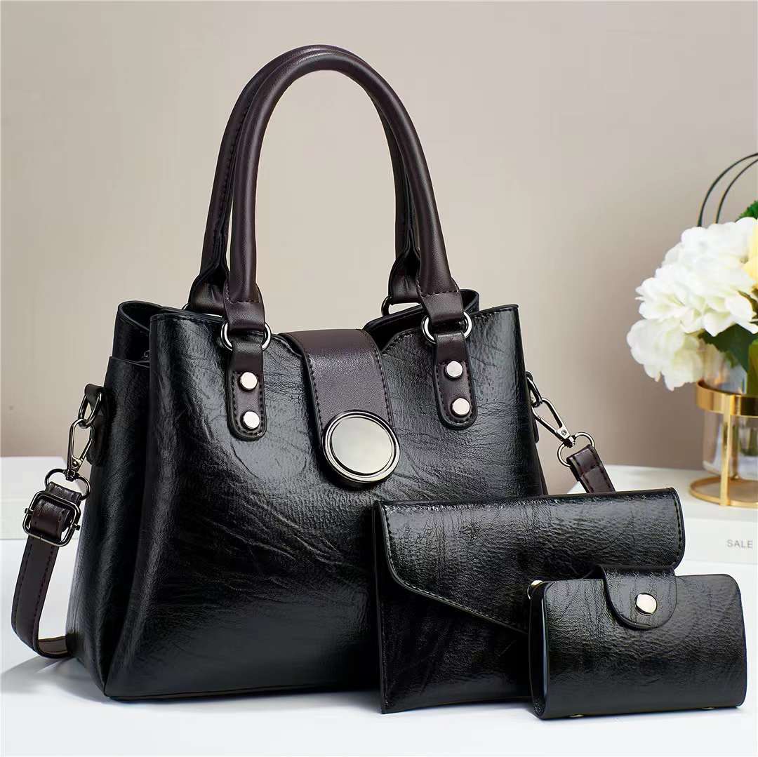 Cross-border foreign trade women's bag 2024 Autumn/Winter new style European and American solid color retro large capacity three-piece set mother-and-child bag crossbody bag full figure