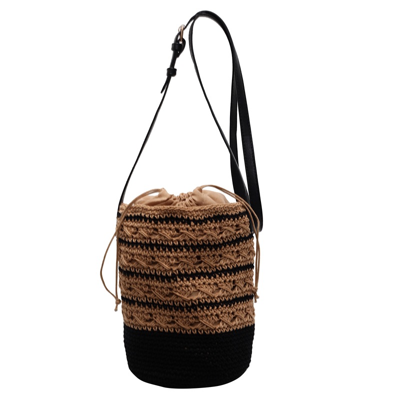 Summer striped bucket bag, versatile vacation beach bag, drawstring crossbody handbag, woven cotton thread bucket bag Item Picture