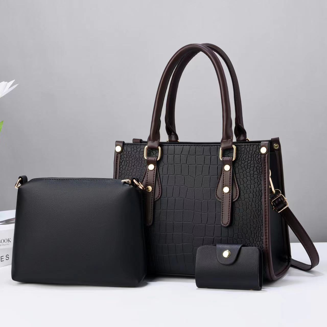 Three-piece set of women's buns and mother bags 2023 new style contrasting color stone pattern three-mouth bag, cross-border single-shoulder crossbody, stylish and elegant texture full figure
