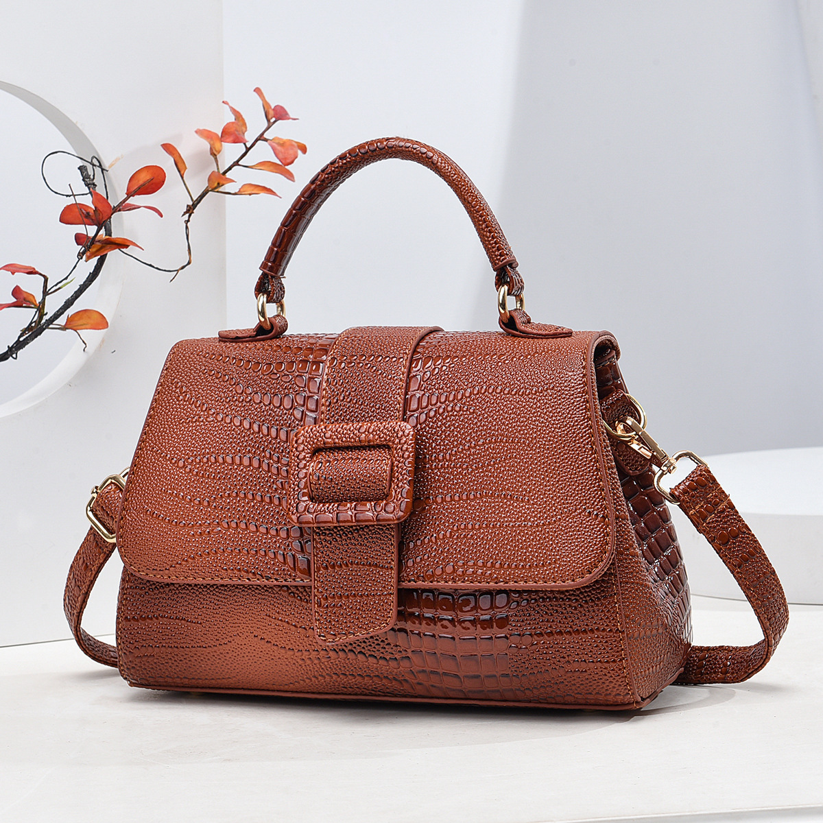 The 2024 new style of foreign trade lizard-patterned bag, a trendy and high-end light luxury women's bag, a single-shoulder bag with a high-quality crossbody small square bag Specification drawing