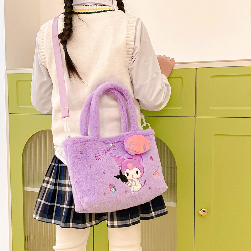 Cartoon plush crossbody bag, pink Melody Kuromi small bag, Hello Kitty single-shoulder bag, a handbag for girls Specification drawing