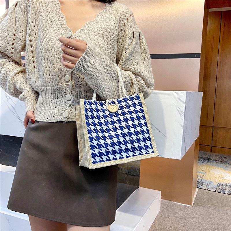 2022 New hand-held canvas women's bag, large capacity, fashionable thousand-bird pattern shopping shoulder bag, student class lunch bag Specification drawing