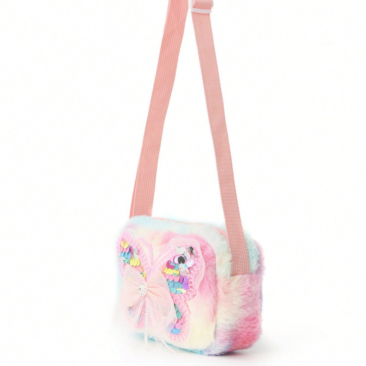 The girl's pink butterfly cartoon printed crossbody bag kawaii, a colorful plush picnic small square bag, is so fluffy Application Scenario