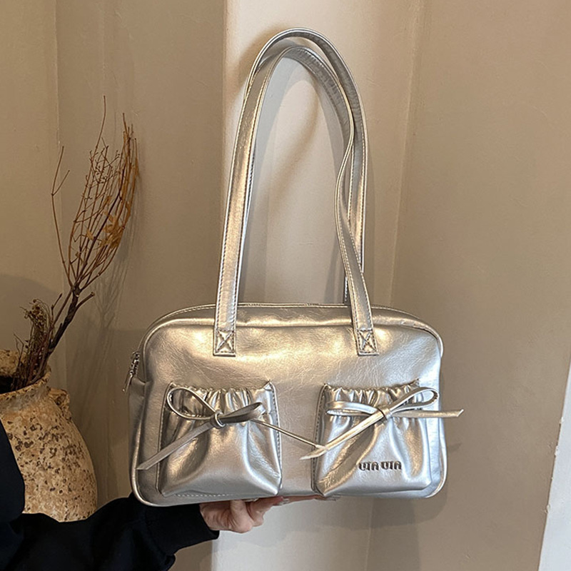 Double-pocket Boston bag, high-end fashion, versatile, single-shoulder bag, large capacity, solid color shiny, new hand-held armpit bag full figure