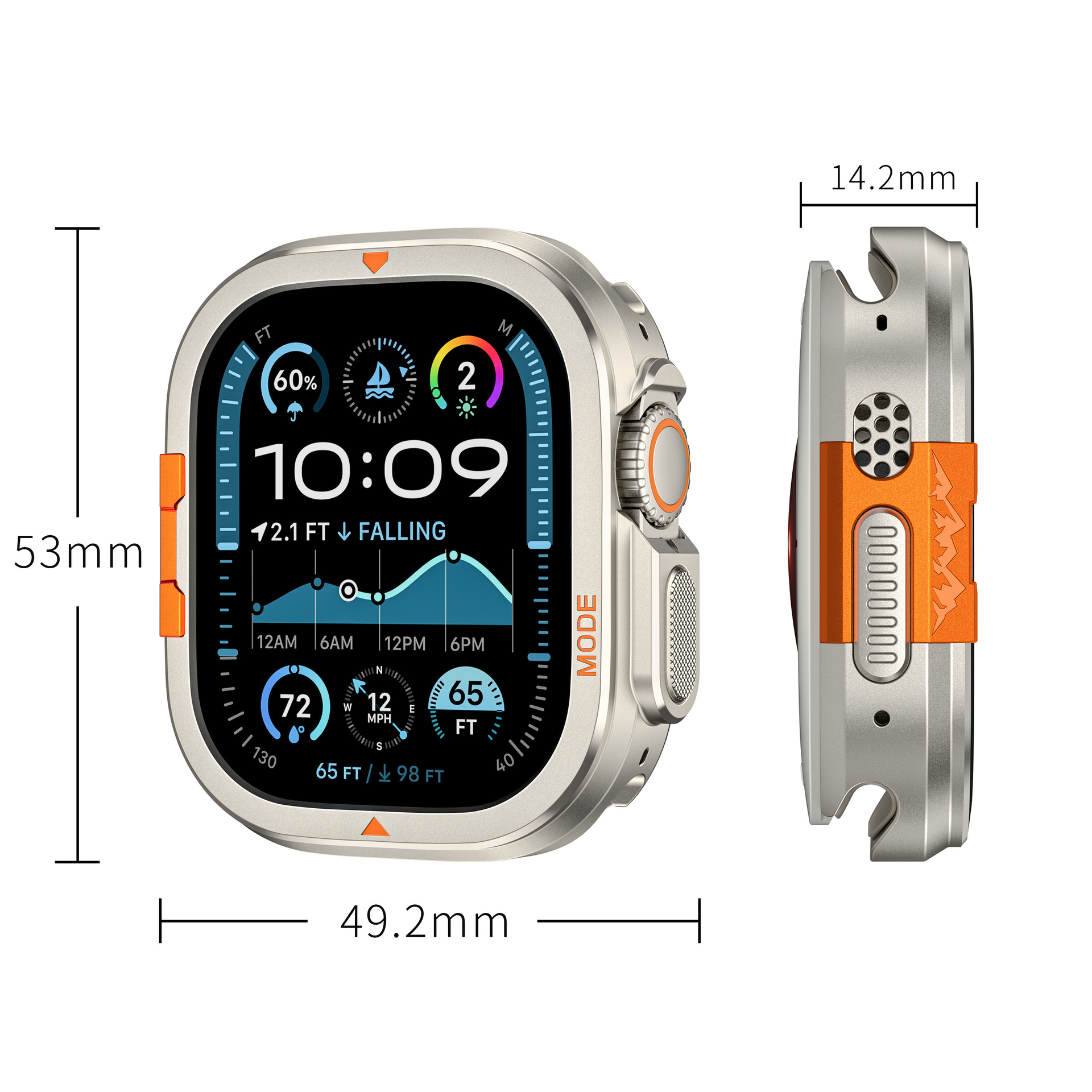 The apple alpine metal case is suitable for the apple watchS10. The Apple case is 49MM shockproof Specification drawing