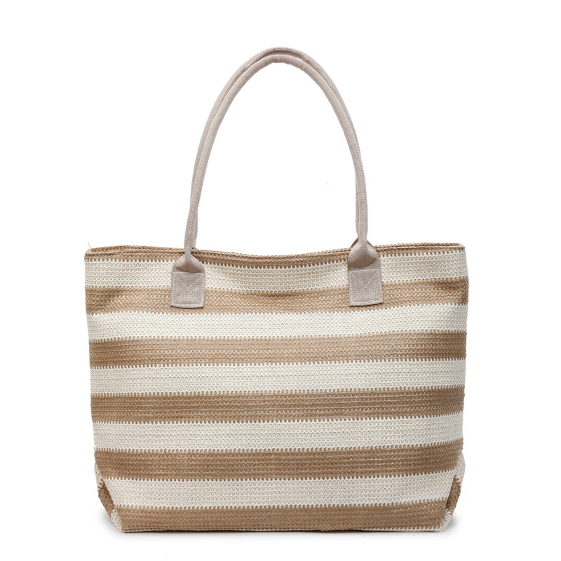 Simple and large-capacity straw woven bag, single-shoulder bag, girls' beach bag, new summer style 2025, laid-back striped tote bag Item Picture