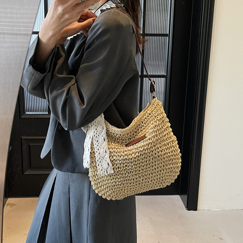 Woven straw crossbody bag for women, large capacity 2025 new summer versatile bucket bag, beach vacation bag details Picture