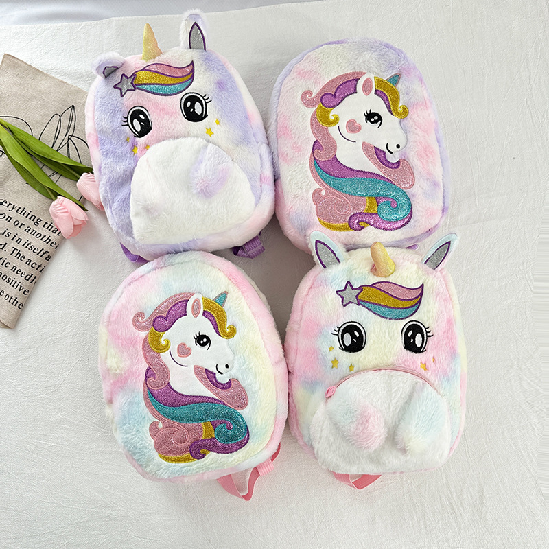 Cartoon unicorn fleece backpack, a cute and large-capacity backpack for children's kindergarten classes, a travel backpack for outings full figure