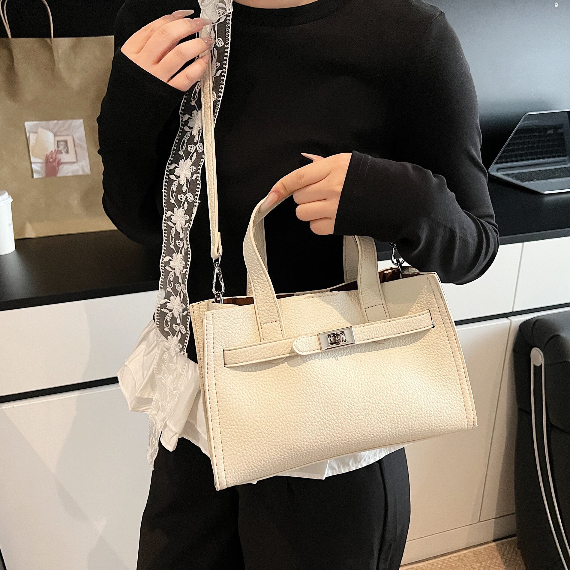 Retro tote bag for women, 2025 new style, high-end, lychee pattern, fashionable, large capacity, single-shoulder crossbody Kelly bag details Picture