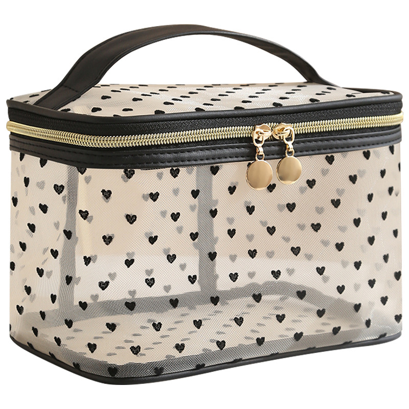 Runhui plush heart-shaped hand-held makeup bag, cosmetics storage bag, mesh bag, travel Essential makeup bag, large capacity Item Picture