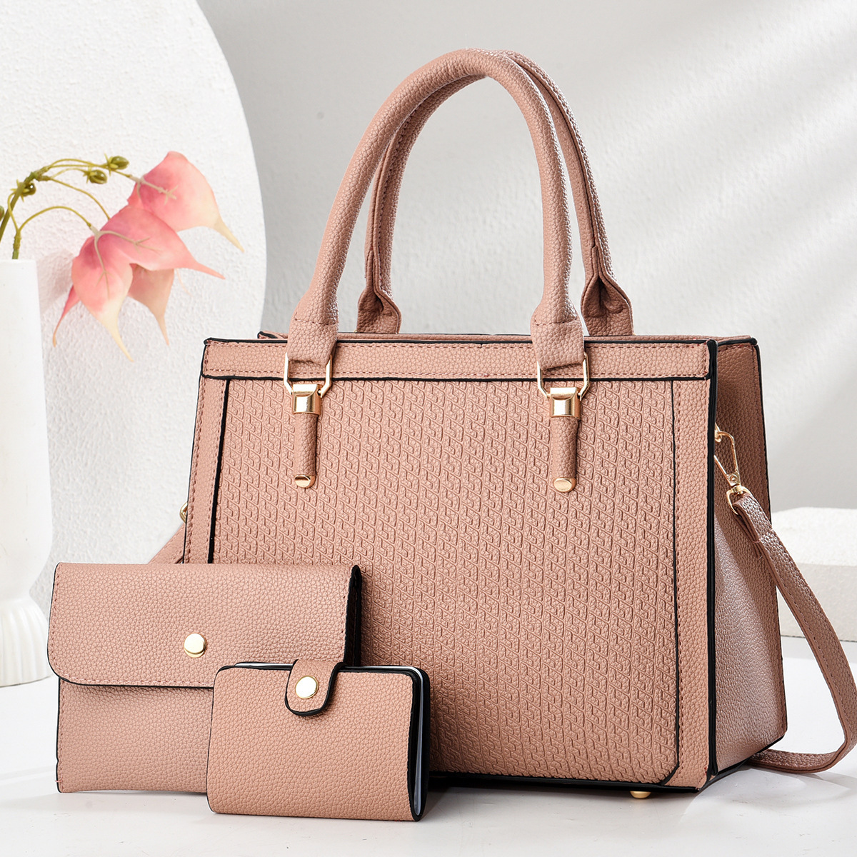 New style spliced embossed mother and child bag three-piece set, high appearance level macaron single-shoulder bag, cross-border crossbody bag for mom details Picture