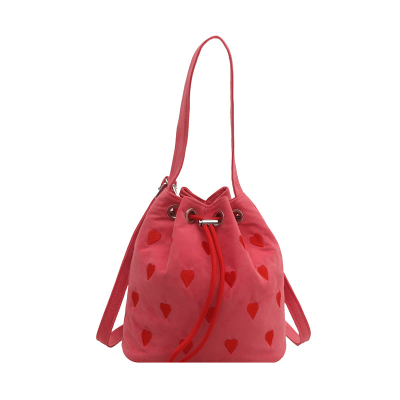 Korean embroidered heart-shaped drawstring pink handbag, 2025 new style single-shoulder crossbody bag, texture pleated bucket bag Item Picture